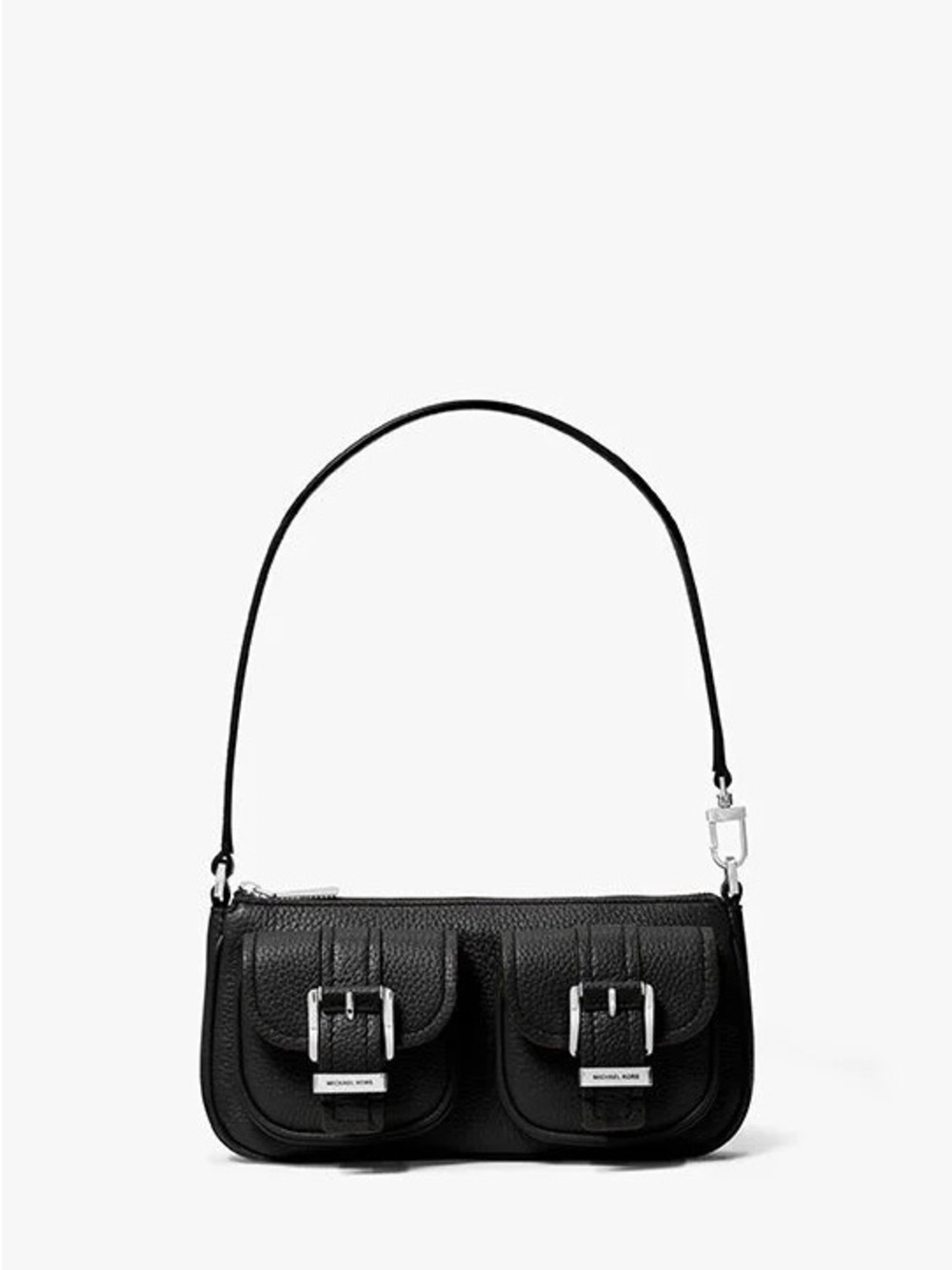 Michael Michael Kors Black Pebbled Leather Shoulder Bag with Buckle Pockets